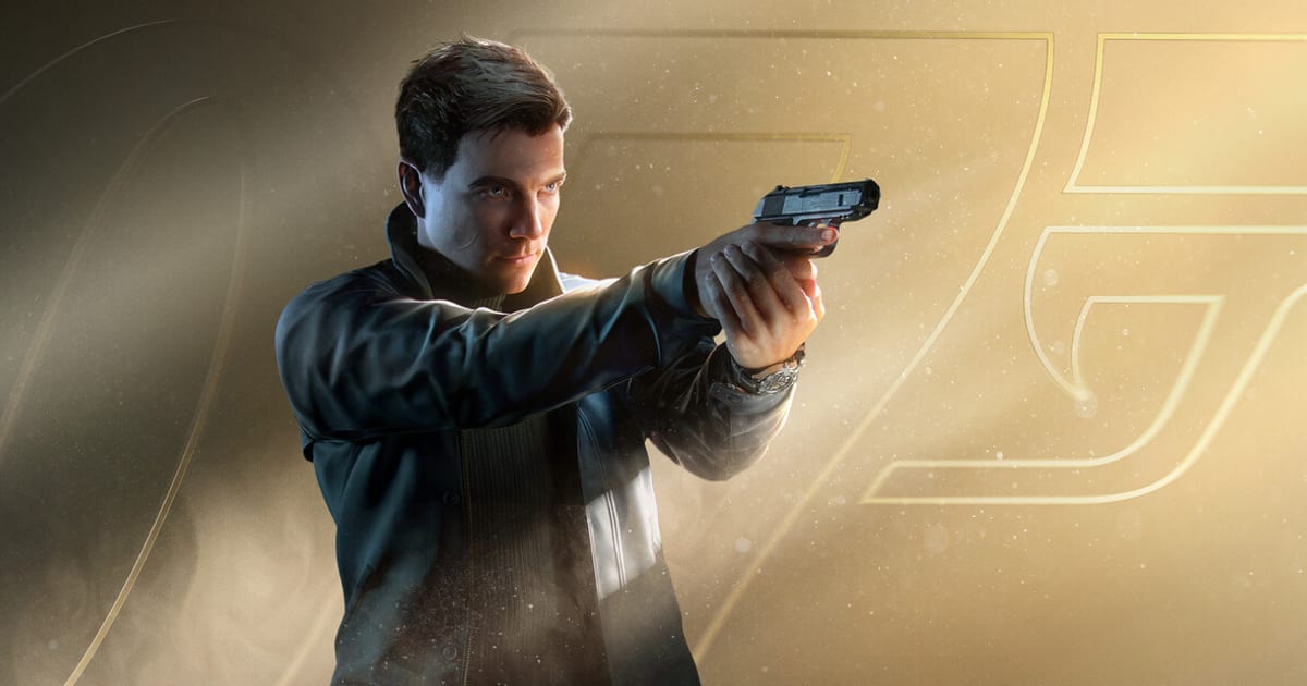 Official 007 First Light key art showing young James Bond aiming a pistol against a gold 007 logo backdrop
