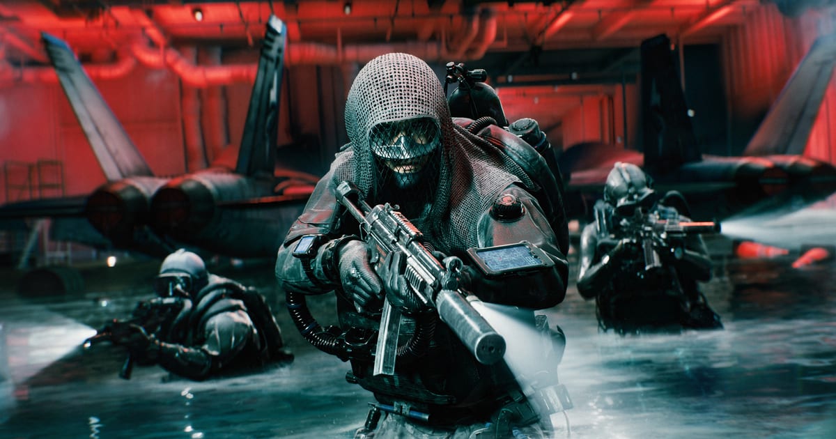 Official Battlefield 6 Tidal Strike key art of three combat divers wading through a flooded aircraft hangar lit in red
