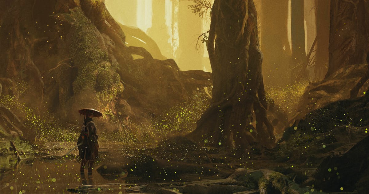 Official Beast of Reincarnation key art showing a lone traveler with a red umbrella in a blighted golden forest full of drifting spores