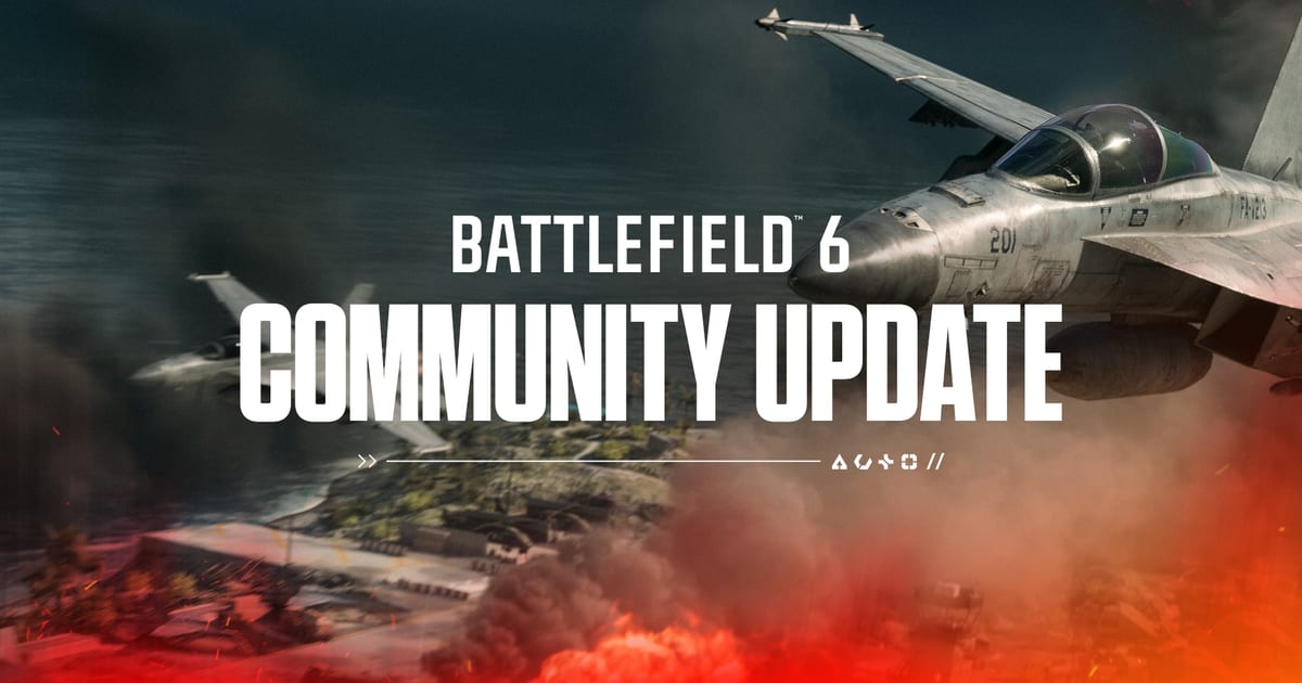 Official Battlefield 6 community update art showing two fighter jets flying over Wake Island amid smoke and explosions