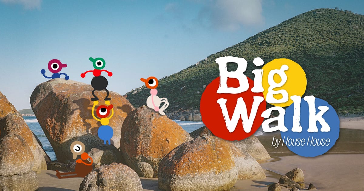 Big Walk key art showing colorful round characters climbing over coastal boulders on a sunny beach