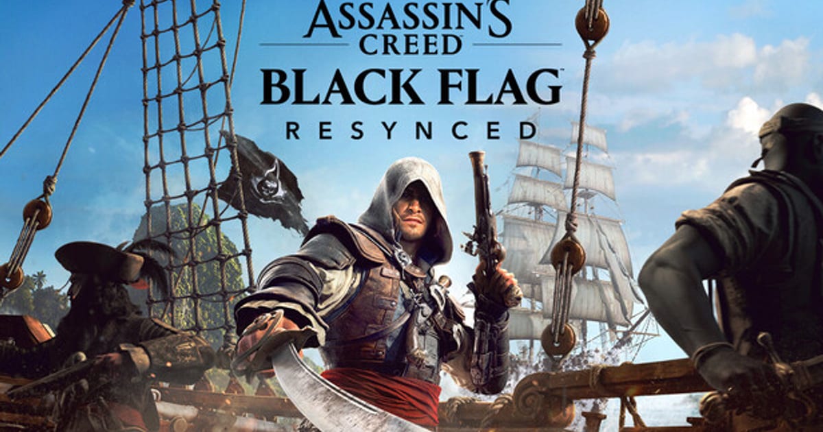 Official key art for Assassin's Creed Black Flag Resynced showing Edward Kenway on a Caribbean pirate ship