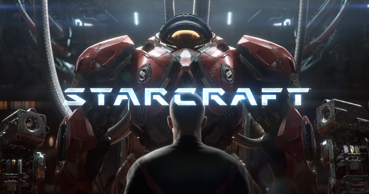 Official StarCraft key art showing a soldier seen from behind facing a towering red Terran marine suit hanging in a hangar, with the StarCraft logo across the middle