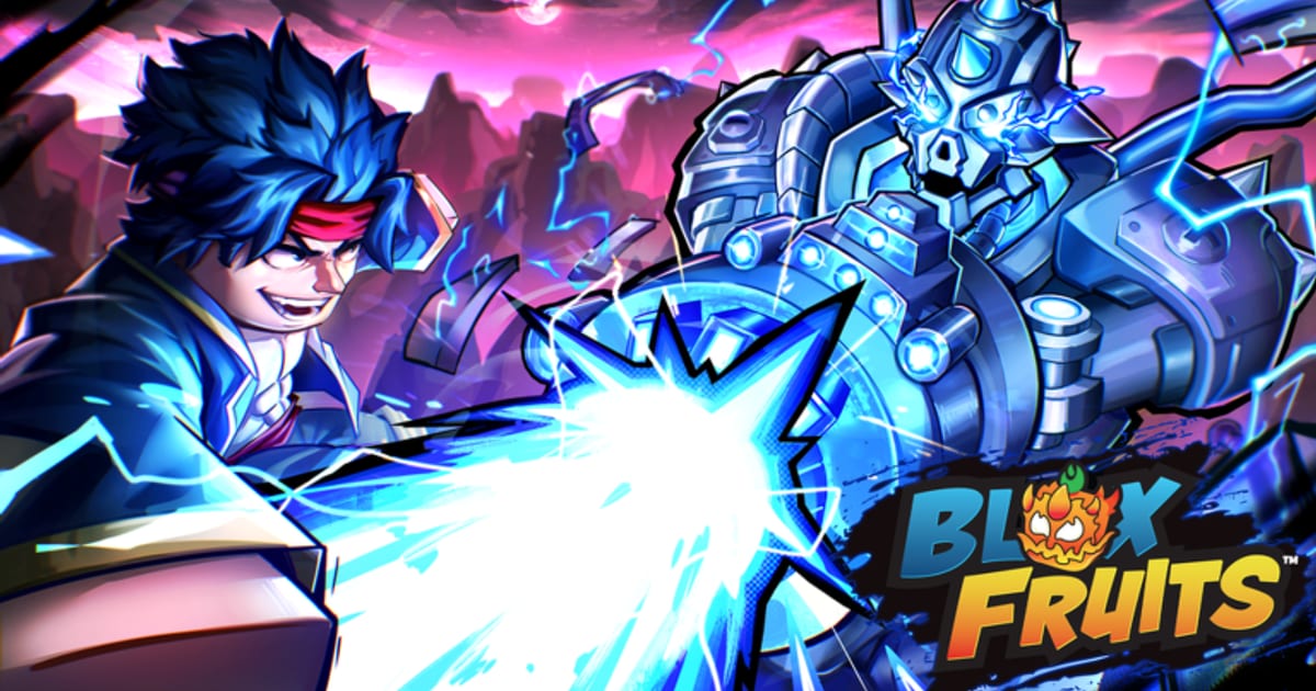 Blox Fruits key art showing a blue-haired fighter facing the giant Magnet Fruit mech transformation