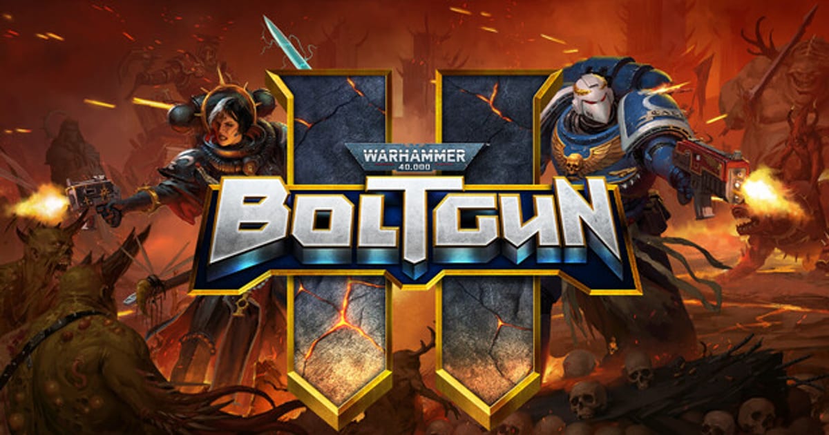 Warhammer 40,000: Boltgun 2 key art showing a Space Marine and a Sister of Battle in neon retro style