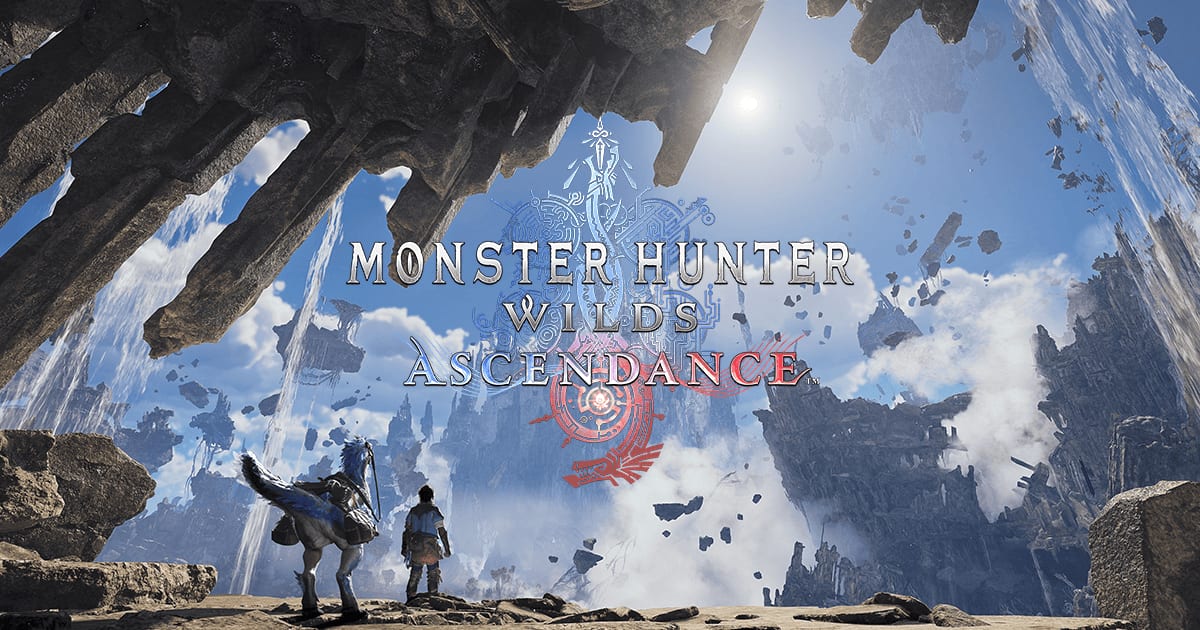 Monster Hunter Wilds: Ascendance key art showing a hunter and their Seikret looking out over floating islands and waterfalls under a bright sky