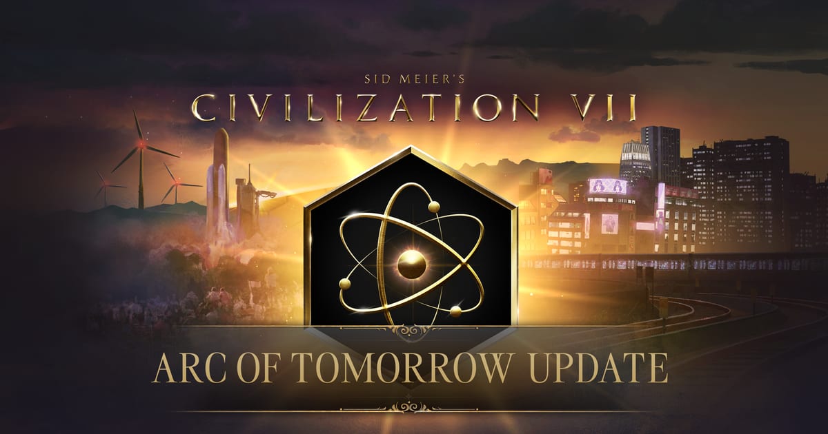 Civilization VII Arc of Tomorrow Update key art with a golden atom emblem in front of a sunset skyline, wind turbines, a launching rocket and a modern city