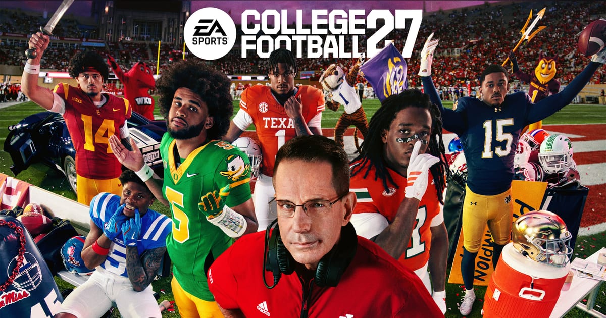 Official College Football 27 key art showing college players and mascots celebrating in a packed stadium