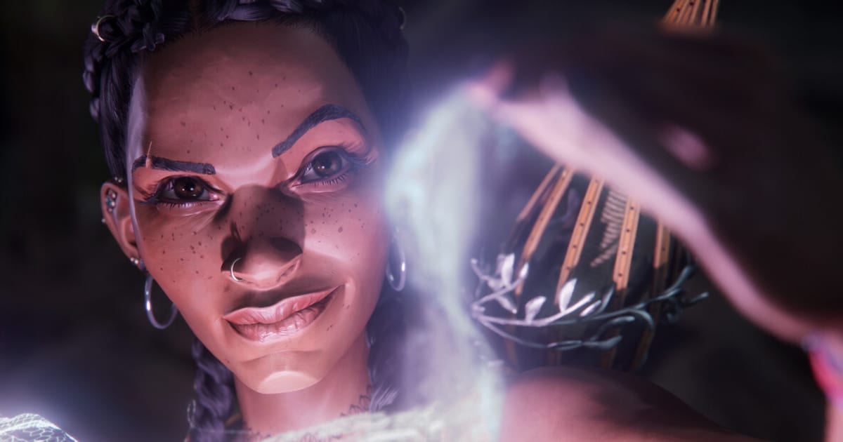 Official South of Midnight art showing protagonist Hazel smiling as she weaves glowing strands of magic with her hands