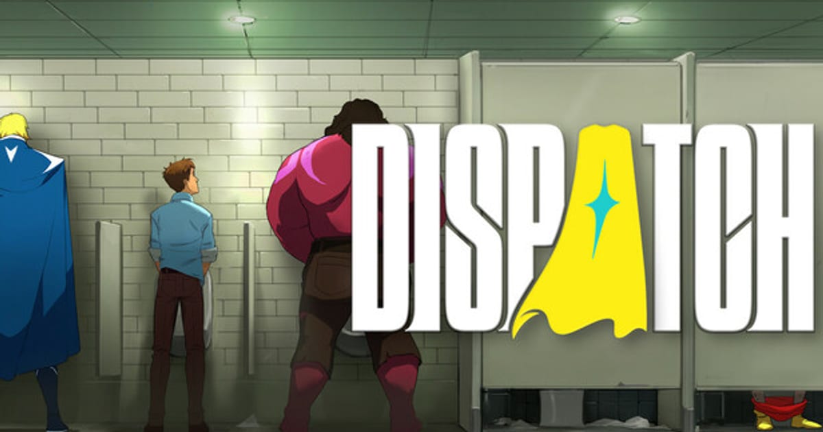 Official Dispatch key art showing superheroes standing at urinals in an office bathroom with the game logo
