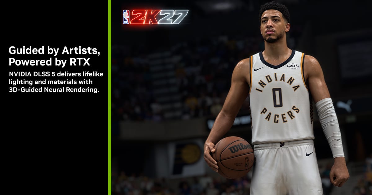 NBA 2K27 player rendered with DLSS 5 3D-Guided Neural Rendering, Nvidia key art