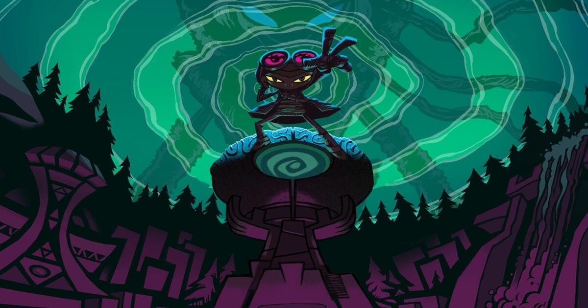 Psychonauts 2 key art showing Razputin standing on a giant brain in front of a swirling green sky