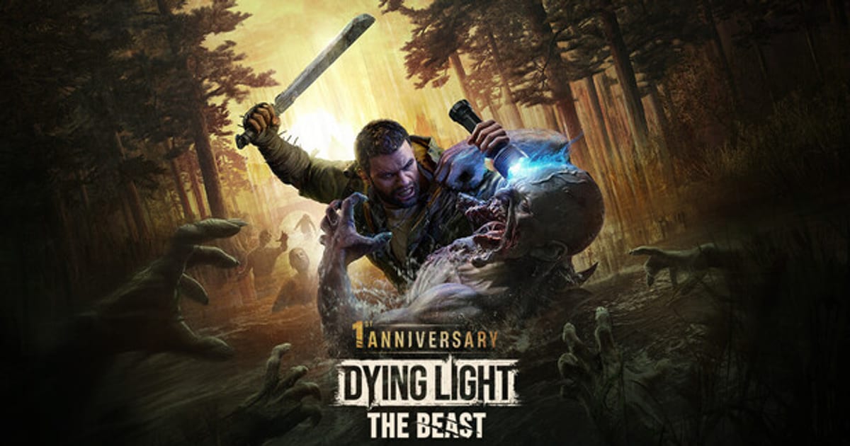 Dying Light: The Beast key art showing Kyle Crane in Castor Woods, machete raised, with infected closing in at dusk