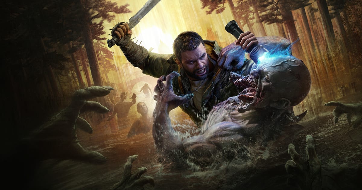 Dying Light: The Beast key art showing Kyle Crane fighting off an infected in a swamp with a machete and flashlight