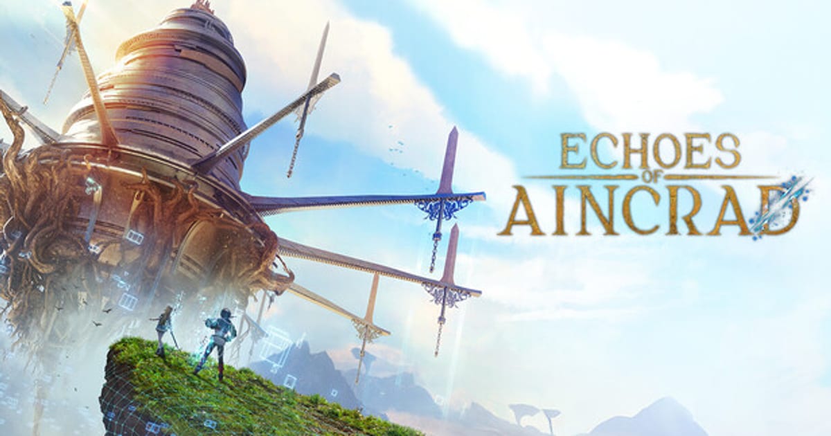 Official Echoes of Aincrad key art showing the floating castle of Aincrad with giant swords piercing its base