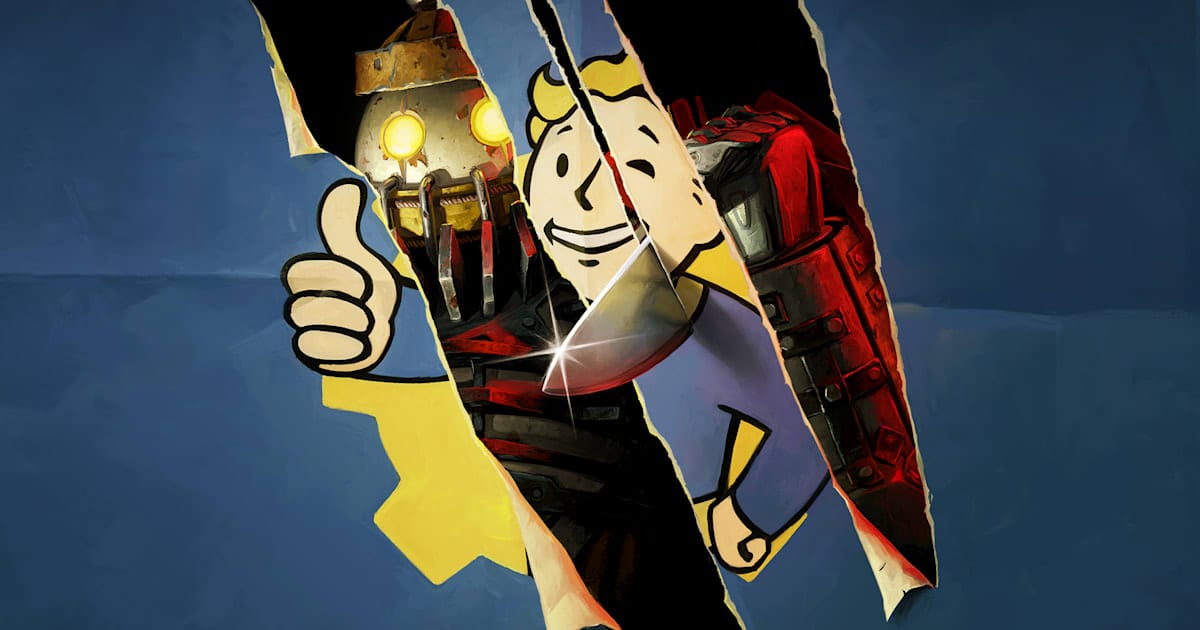 Fallout 76 The Slasher key art with Vault Boy giving a thumbs up through torn paper, a hooded figure in red armor holding a cleaver behind him