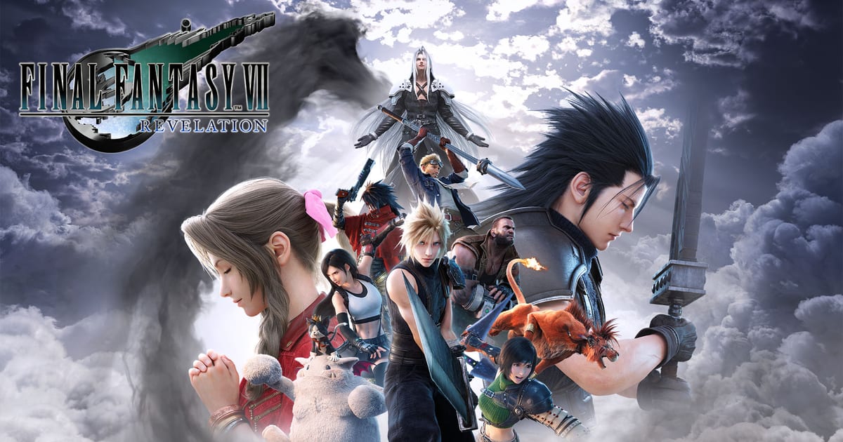 Official Final Fantasy VII Revelation key art showing Cloud, Tifa, Aerith, Zack, Sephiroth and the full cast among storm clouds