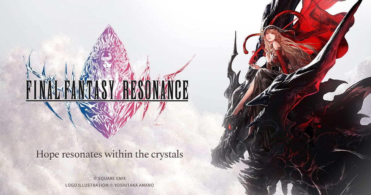 Final Fantasy Resonance key art by Yoshitaka Amano showing a woman in red riding a black dragon beside the game's crystal logo