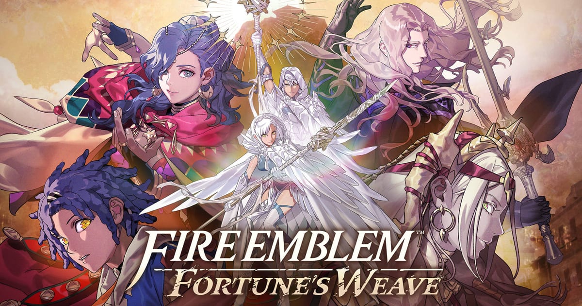 Official Fire Emblem: Fortune's Weave key art showing the four heroes and a winged staff bearer above the game logo