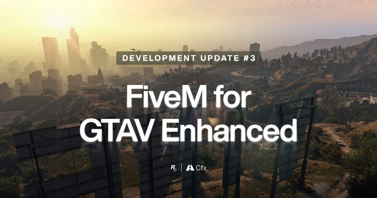 Official FiveM for GTAV Enhanced key art showing the Vinewood hills and Los Santos skyline at sunset behind the Development Update 3 title