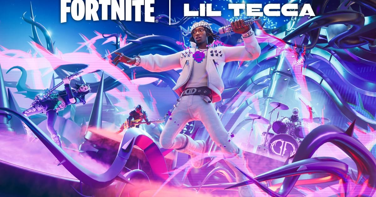 Official Fortnite key art of Lil Tecca performing on a neon stage surrounded by purple and pink spikes
