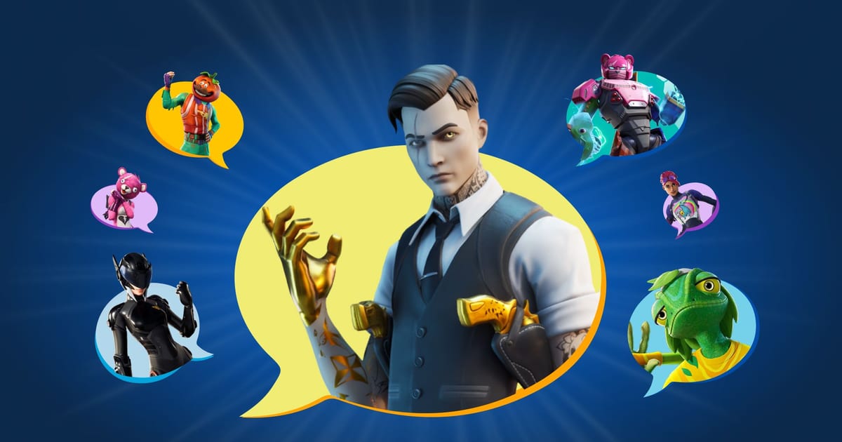 Official Epic Games art showing Midas in a large speech bubble surrounded by Fortnite characters like Cuddle Team Leader, Tomatohead and a chameleon character in smaller colorful speech bubbles