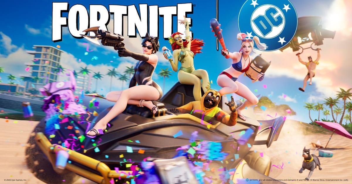 Official Fortnite x DC key art showing Catwoman, Poison Ivy and Harley Quinn in summer outfits riding the Batman Beach Buggy on a beach while Batman glides behind them