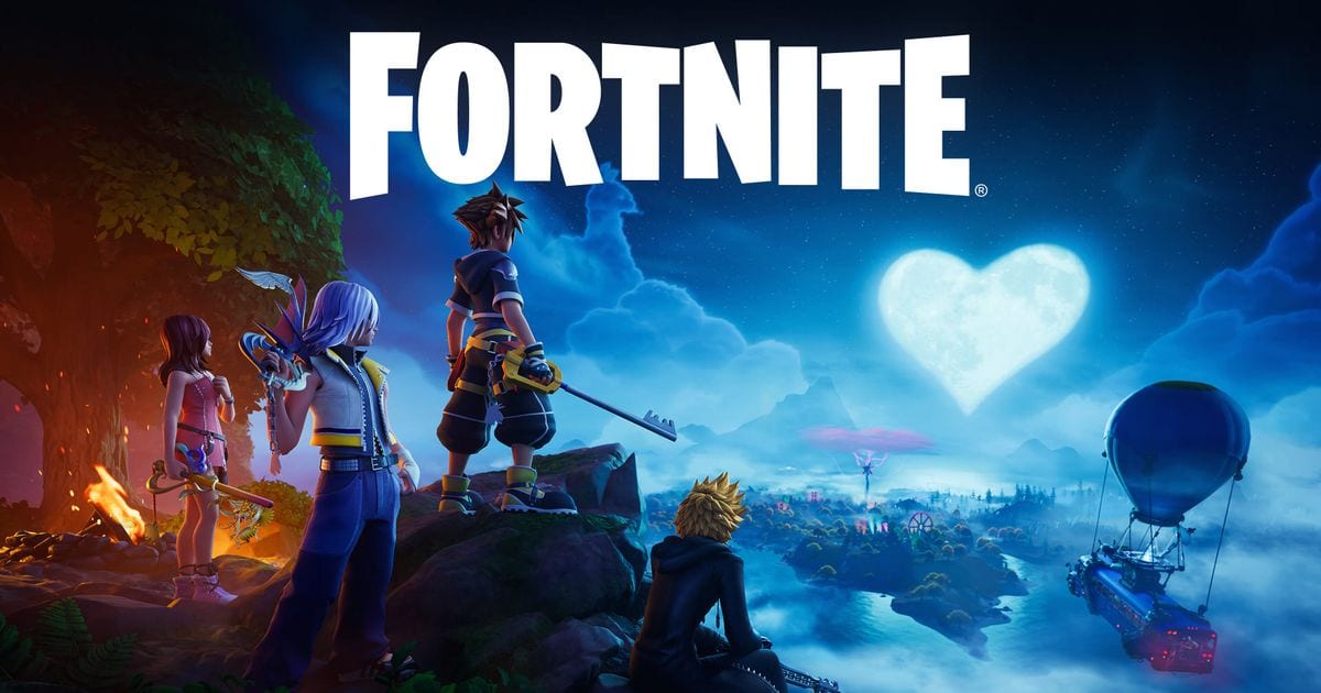 Official Fortnite Kingdom Hearts key art showing Sora, Riku, Kairi and Roxas looking out over the Island under a heart-shaped moon