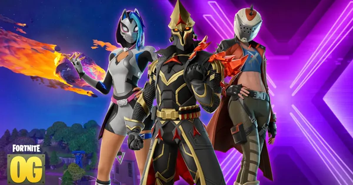 Official Fortnite OG Season X key art showing the Oxide, Ultima King and Kinetic Catalyst outfits in front of a purple X