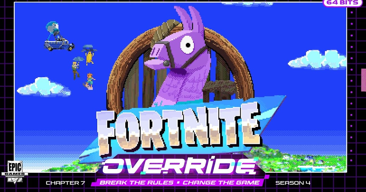 Pixel art key visual for Fortnite Chapter 7 Season 4 Override showing a retro llama and the tagline Break the Rules, Change the Game