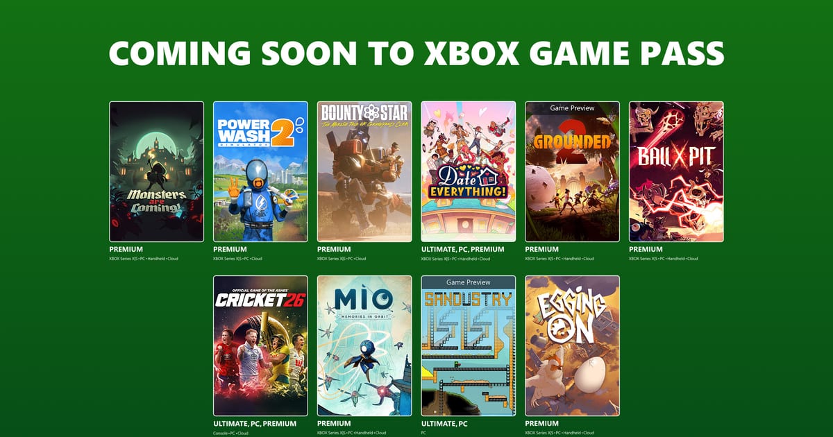 Xbox Game Pass August 2026 coming soon lineup collage showing key art from the new wave of games