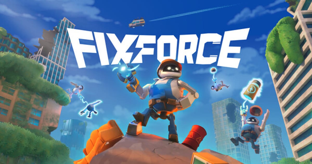 FixForce key art showing blue robots with drill-wrench arms in a colorful overgrown city