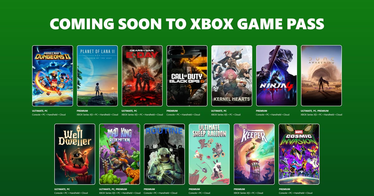 Xbox Game Pass September 2026 Wave 2 coming soon collage showing Minecraft Dungeons II, Gears of War: E-Day, Black Ops 6, Dune: Awakening and more