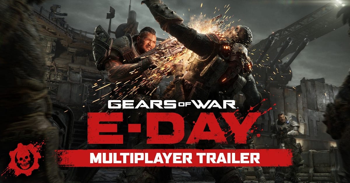 Gears of War E-Day multiplayer art showing a COG soldier fighting a Locust drone at close range amid sparks