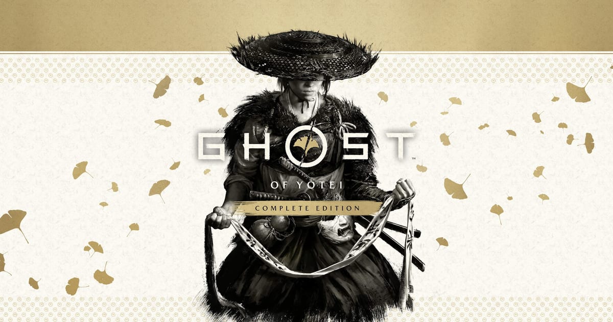 Official Ghost of Yōtei Complete Edition key art showing Atsu holding a bounty list under falling golden ginkgo leaves