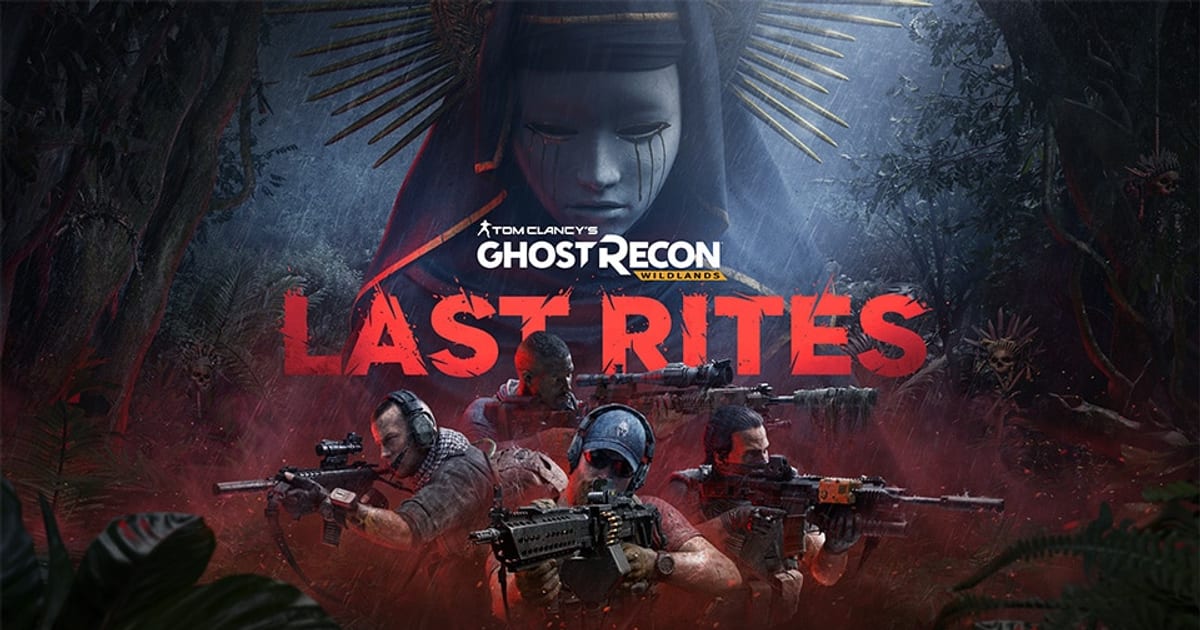 Ghost Recon Wildlands Last Rites key art showing the masked La Llorona looming over four Ghosts in a rainy jungle