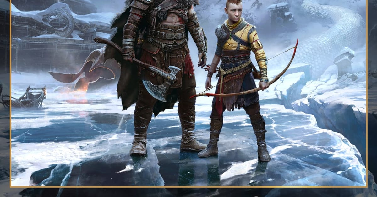 Official God of War Ragnarok key art showing Kratos and Atreus standing on a frozen lake