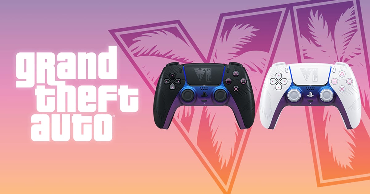 Official key art of the black and white Grand Theft Auto VI limited edition DualSense controllers in front of a pink and orange Vice City sunset with palm trees