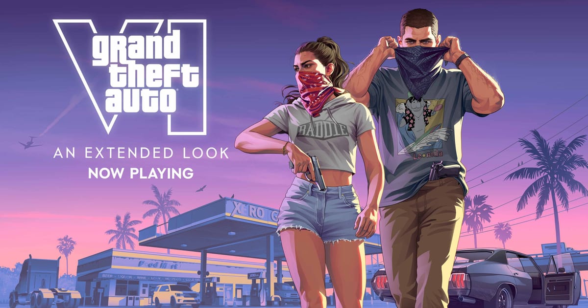 Official Grand Theft Auto VI: An Extended Look key art showing Lucia and Jason pulling up their masks in front of a Vice City gas station at dusk