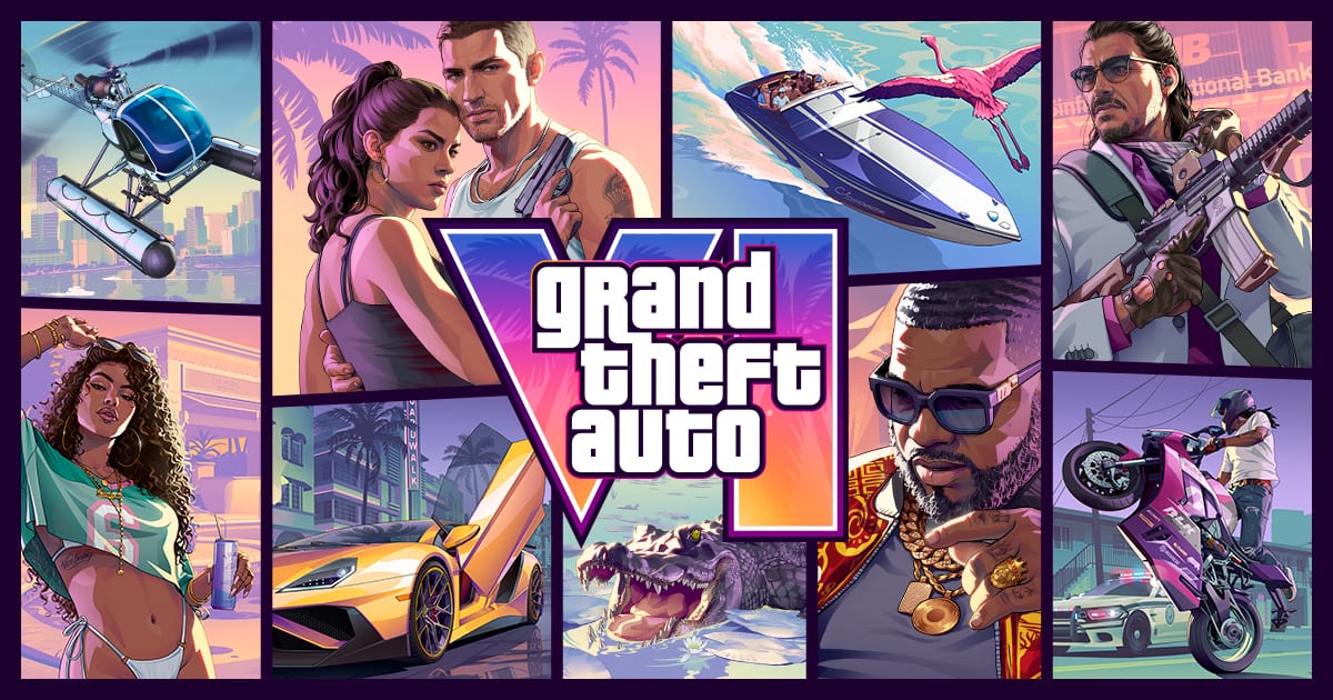 Official Grand Theft Auto VI key art collage showing Lucia and Jason with Vice City characters, a speedboat, a flamingo and an alligator