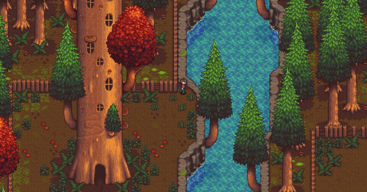 Official Haunted Chocolatier screenshot of the player exploring a forest river area in autumn