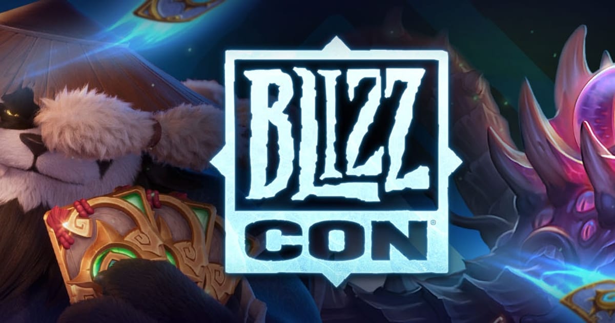 BlizzCon 2026 Hearthstone key art with Chen Stormstout, a pandaren monk holding Hearthstone cards, on the left and a purple tentacled Old God on the right, framing the BlizzCon logo
