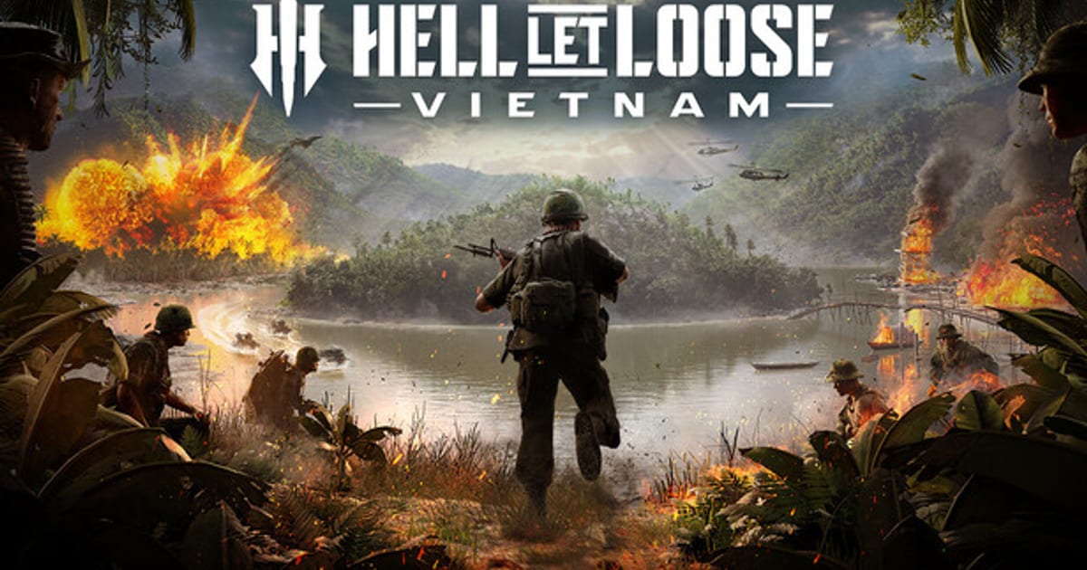 Hell Let Loose: Vietnam key art showing a US soldier running toward a burning river valley as helicopters fly overhead