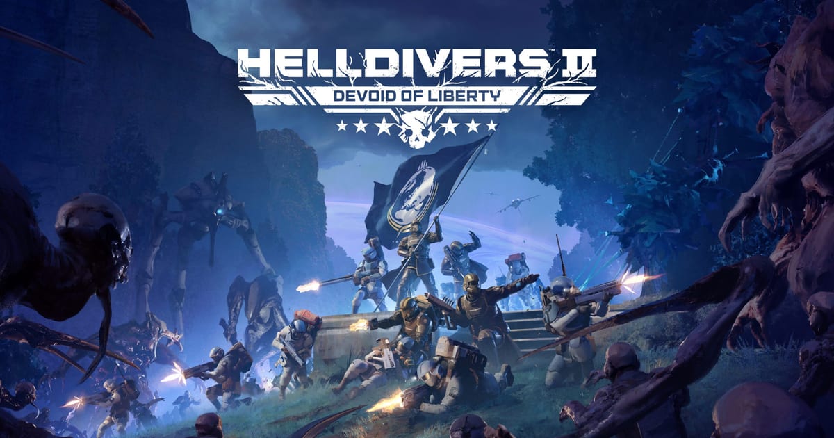 Official Devoid of Liberty key art showing Helldivers raising the Super Earth flag while mutated Illuminate creatures close in
