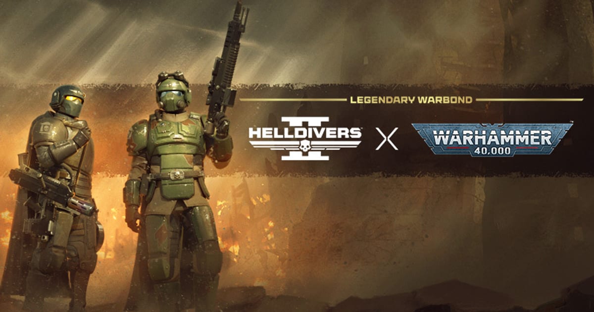 Official Castellan's Creed key art showing two Helldivers in green Cadian Kasrkin-style armor in front of a burning battlefield