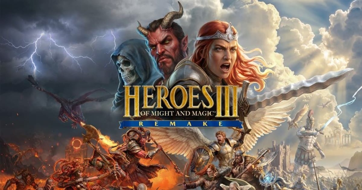 Heroes of Might and Magic III Remake key art showing a demon, a lich and a red-haired queen above a battlefield of angels and devils