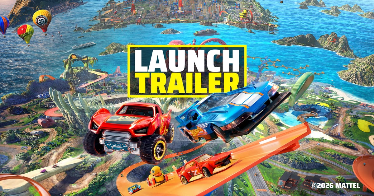 Official Hot Wheels Infinite Rush launch key art showing die-cast Hot Wheels cars racing on an orange track through a colorful island with the game logo