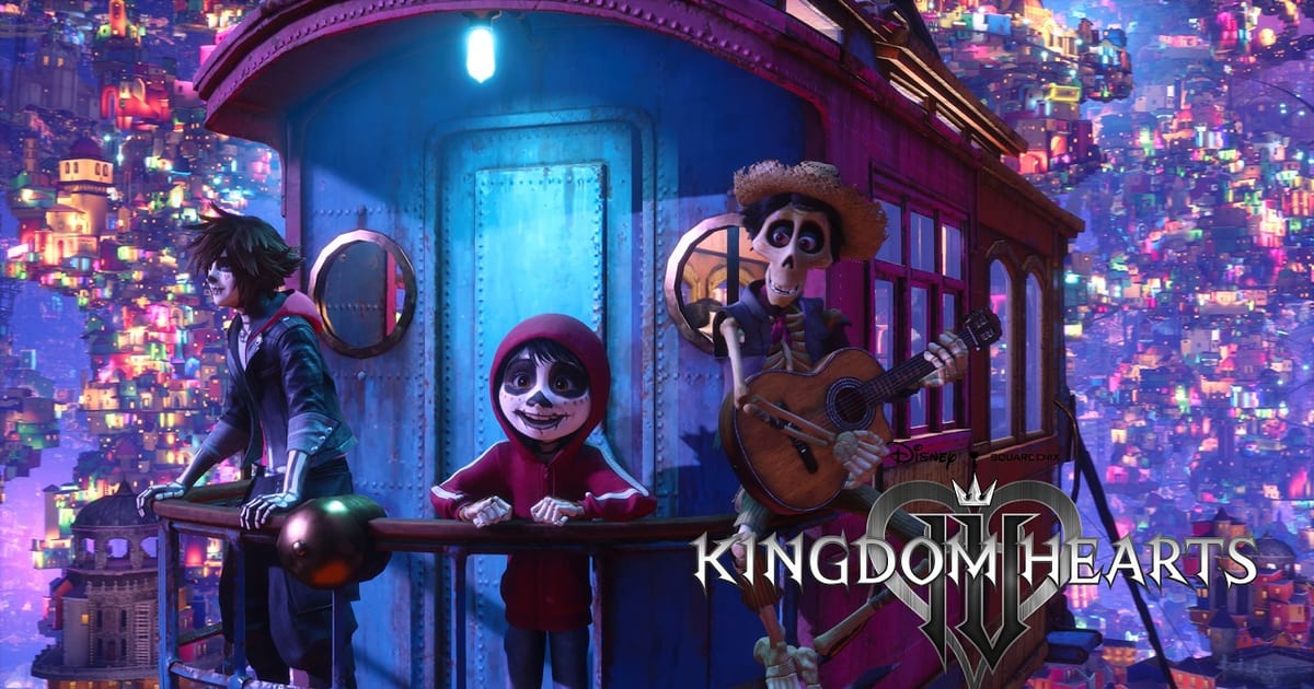 Sora with Day of the Dead face paint riding a trolley with Miguel and Hector above the glowing Land of the Dead from Coco