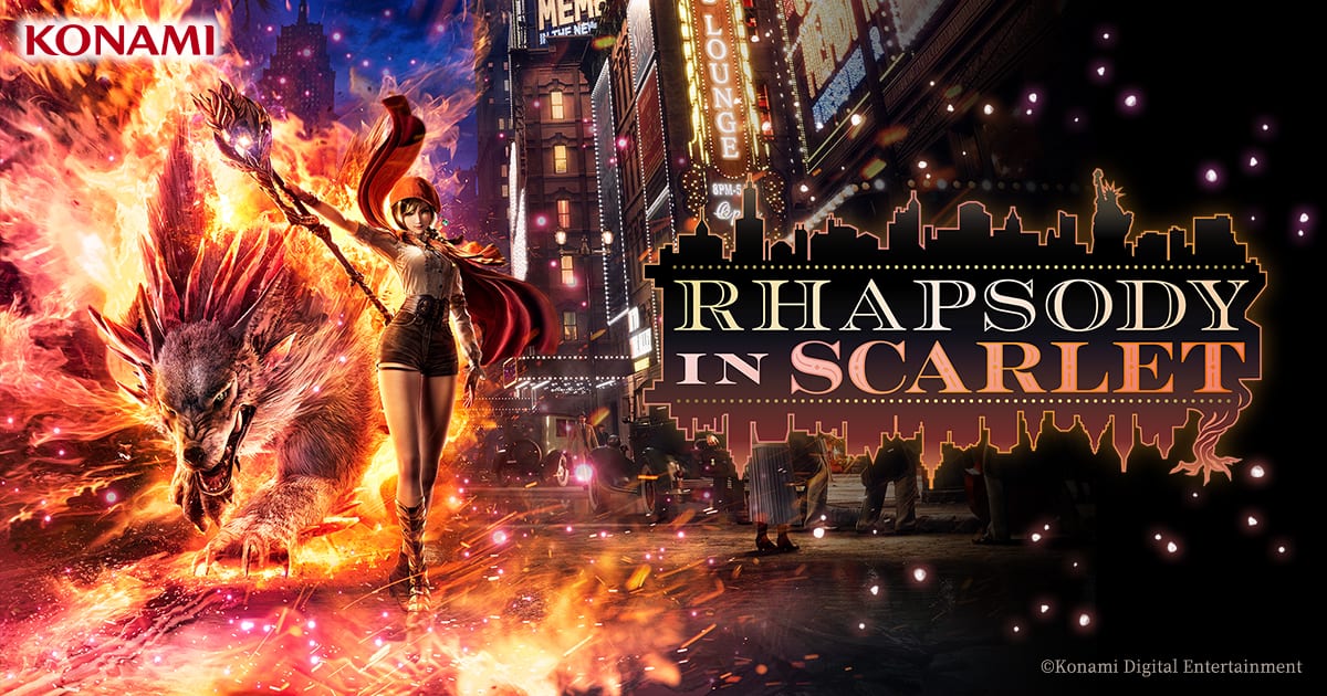 Official Rhapsody in Scarlet key art: Ellie Myers with a flaming staff and a beast companion on a neon lit 1920s New York street