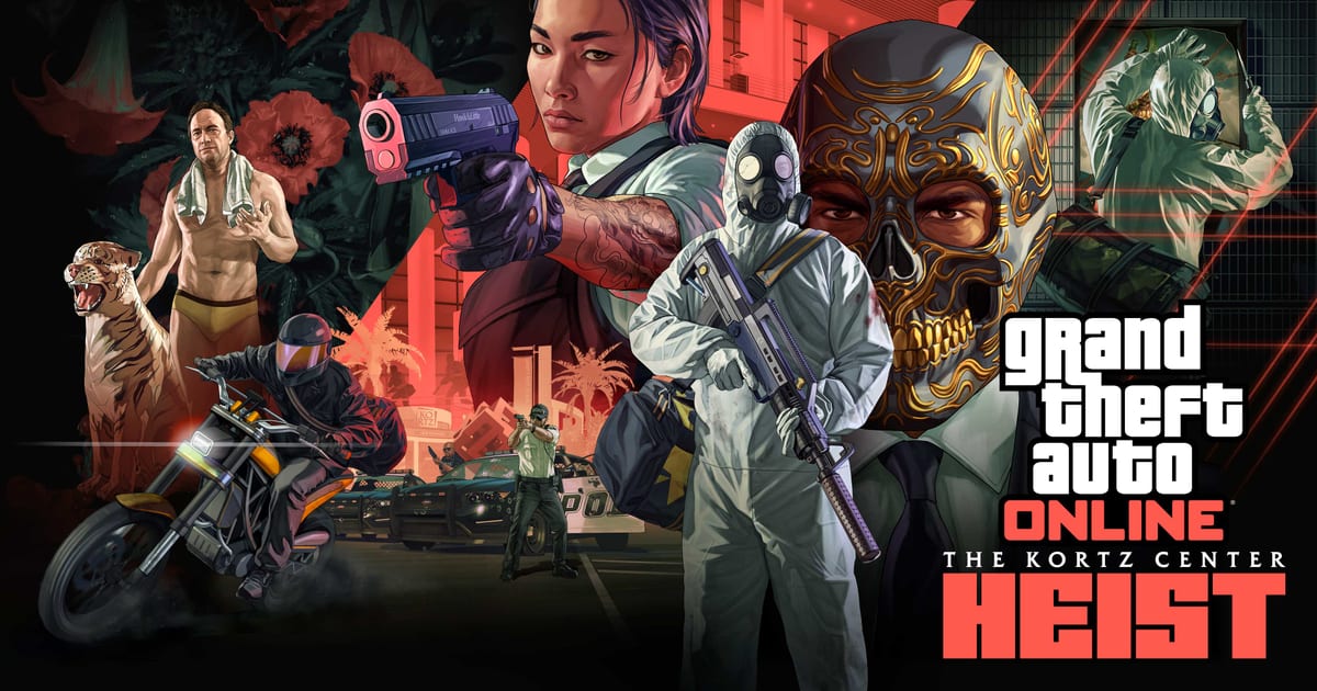 Official Rockstar key art for The Kortz Center Heist in GTA Online, showing the heist crew and a golden skull mask